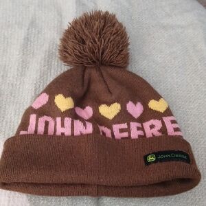 John Deere Brown Beanie with Pink and Yellow Hearts